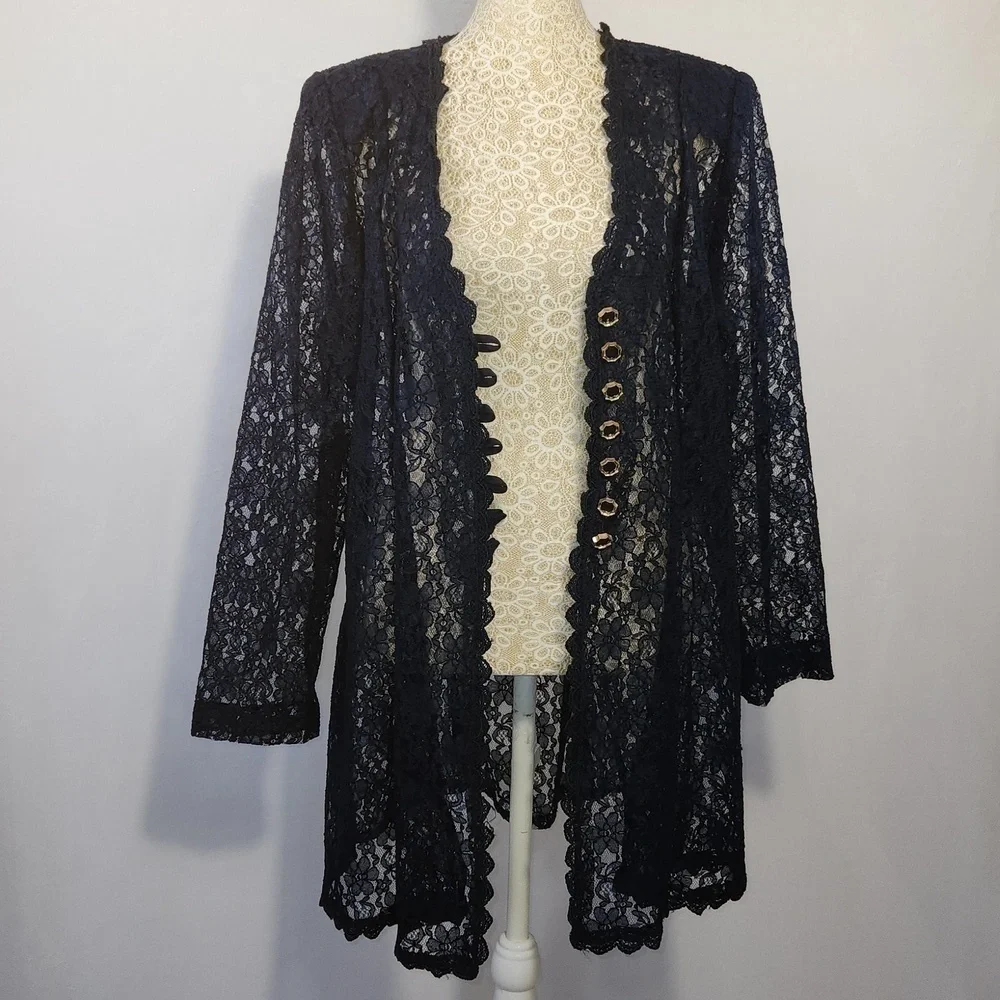 Beautiful U Women L Navy Blue Crochet Lace Scalloped Hem Button Front Cardigan